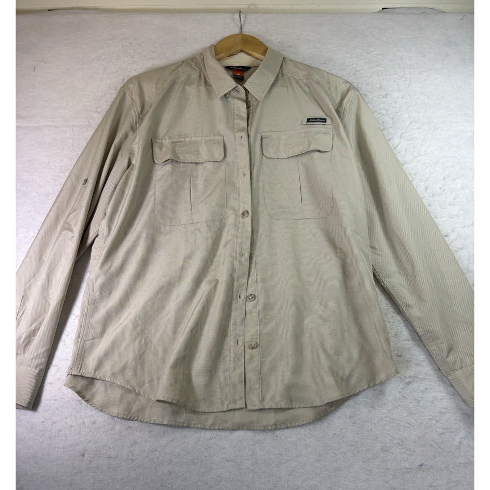 Eddie Bauer Sport Shop Vented Fishing Shirt Roll Tab Sleeves Women's L Khaki